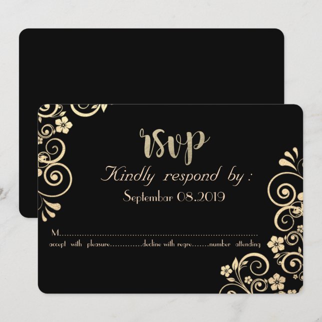 Tarjeta de RSVP de flores doradas Chic elegante (Anverso / Reverso)