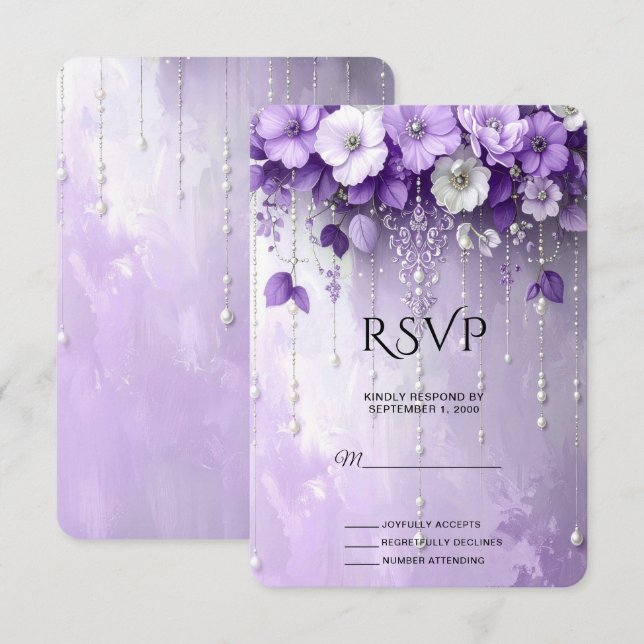 Tarjeta de RSVP de Flores Purpúreas con Perlas Col (Anverso / Reverso)