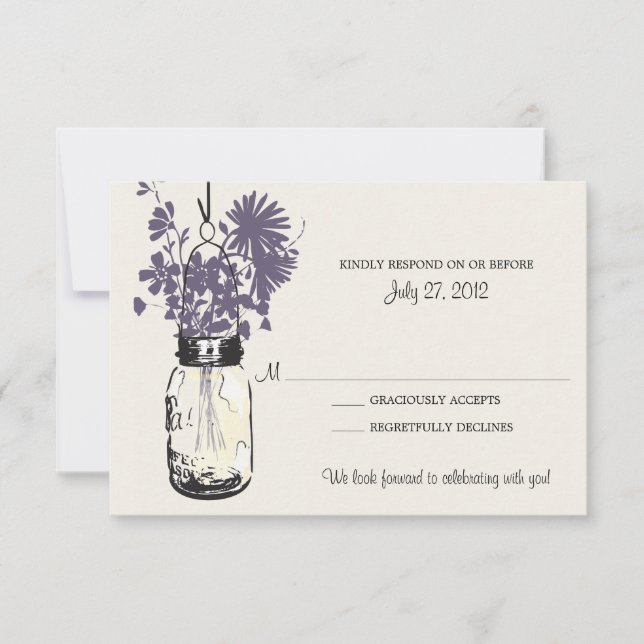 Tarjeta de RSVP de frasco de Mason y flores silves (Anverso)