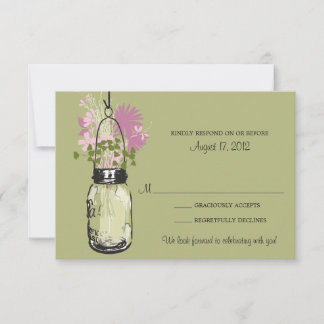 Tarjeta de RSVP de frasco de Mason y flores silves