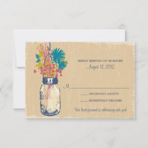 Tarjeta de RSVP de frasco de Mason y flores silves