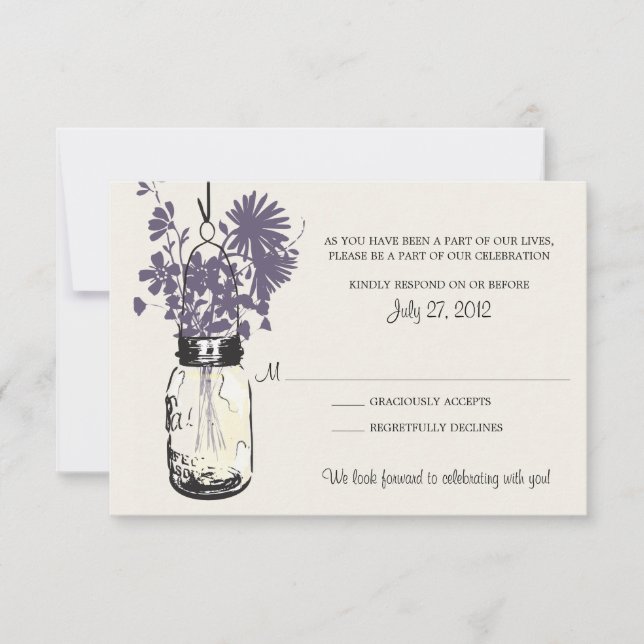 Tarjeta de RSVP de frasco de Mason y flores silves (Anverso)