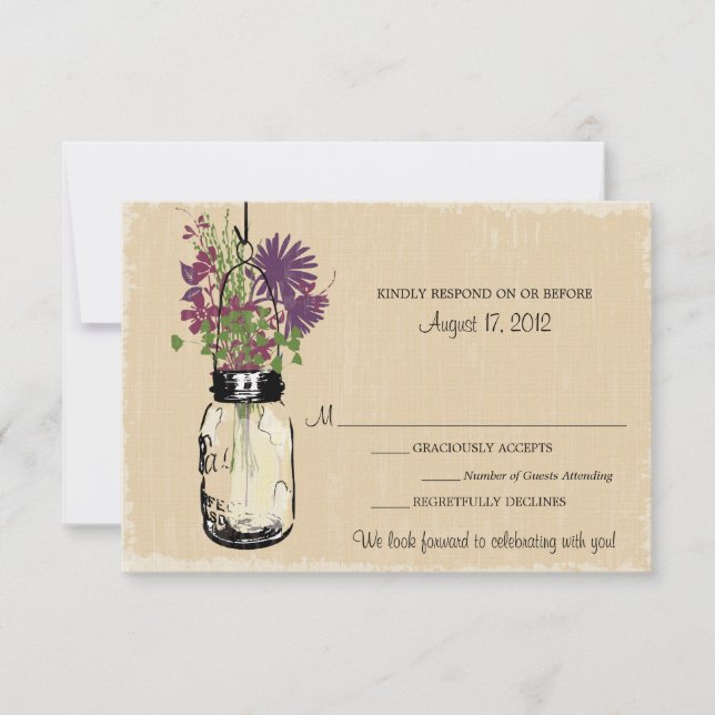 Tarjeta de RSVP de frasco de Mason y flores silves (Anverso)