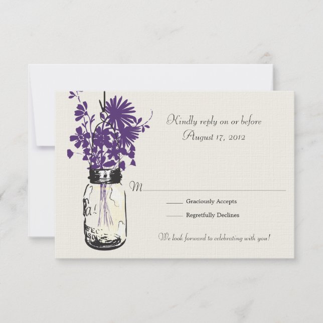 Tarjeta de RSVP de frasco de Mason y flores silves (Anverso)
