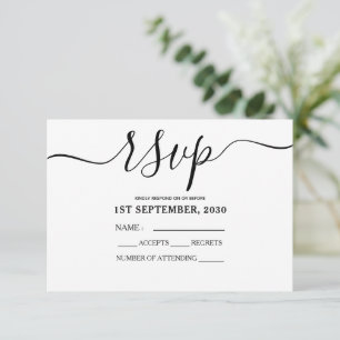 Tarjeta de RSVP de guión moderno simple negro y bl