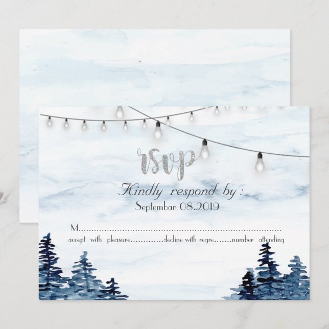 Tarjeta de RSVP de Luces de Cuerda de Bosque, Acua (Anverso / Reverso)