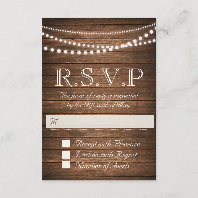 Tarjeta de RSVP de Luces de Cuerda Rústicas (Anverso)