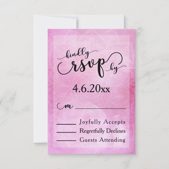 Tarjeta de RSVP de Mandala de Acuarela Rosa Profun (Anverso)