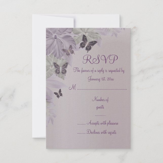Tarjeta de RSVP de Mariposa Brillante Rosa y Morad (Anverso)