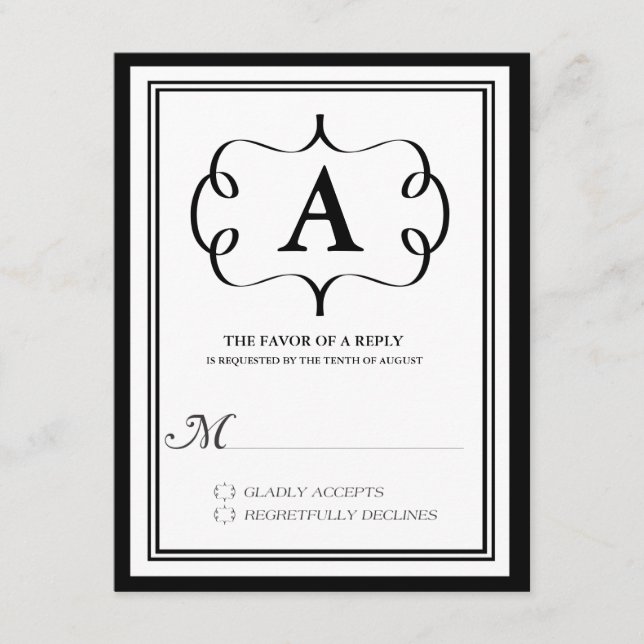 Tarjeta de RSVP de Monograma Formal en Negro (Anverso)