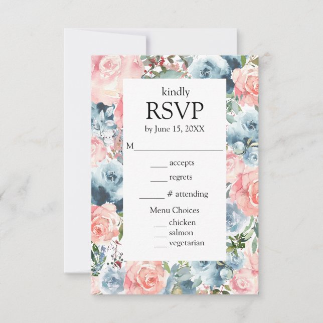 Tarjeta de RSVP de opciones de menú de rosas azule (Anverso)