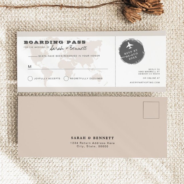 Tarjeta de RSVP de pasaje de embarque del mapa mun (Boarding Pass RSVP Postcard For Destination Wedding)
