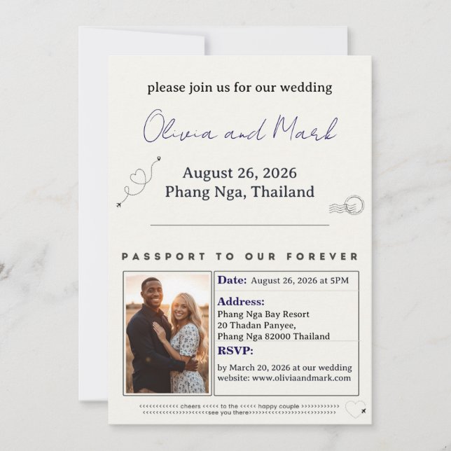 Tarjeta de RSVP de Pasaporte – Azul Marino y Dorad (Anverso)