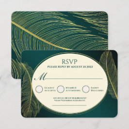 Tarjeta de RSVP de pluma verde y dorada elegante