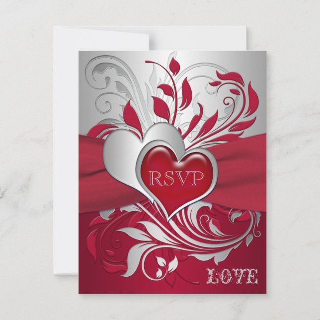 Tarjeta de RSVP de Rollos, Corazones Rojos Platead (Anverso)