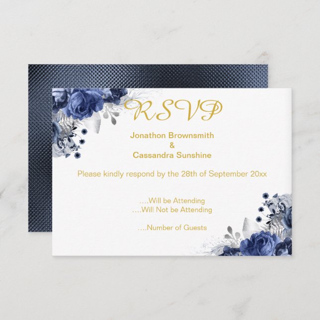 TARJETA DE RSVP DE ROSA CON RELIEVE EN AZUL ELEGAN (Anverso / Reverso)
