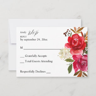 Tarjeta de RSVP de Rosa Roja y Floral Rosa sin com