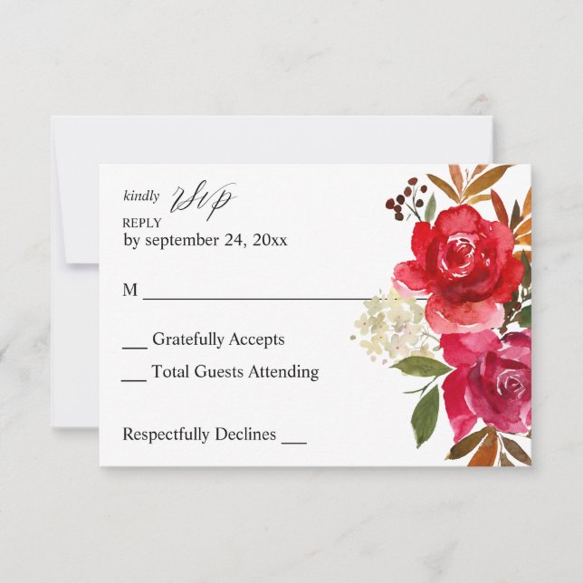 Tarjeta de RSVP de Rosa Roja y Floral Rosa sin com (Anverso)