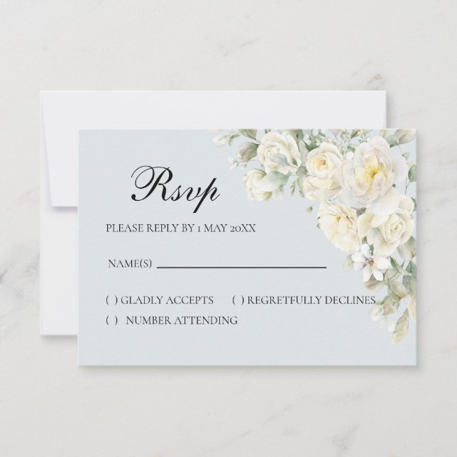 Tarjeta de RSVP de Rosas Blancas Azul Claro (Anverso)