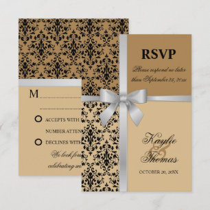 Tarjeta de RSVP de seda de Damasco plateado para b