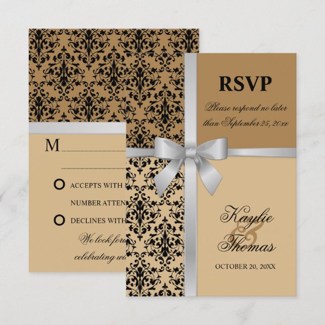 Tarjeta de RSVP de seda de Damasco plateado para b (Anverso / Reverso)