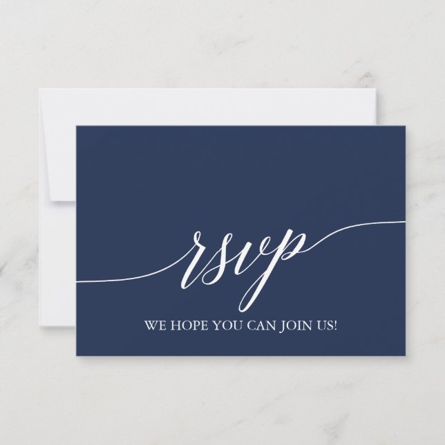 Tarjeta de RSVP de sitio web azul marino con calig (Anverso)
