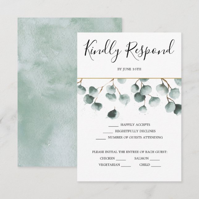 Tarjeta de RSVP de Verde de Eucalipto para Boda (Anverso / Reverso)
