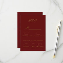 Tarjeta de RSVP elegante de color burgundy y dorad