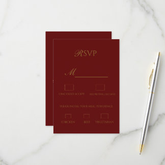 Tarjeta de RSVP elegante de color burgundy y dorad