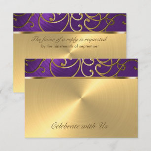Tarjeta de RSVP Elegante Filigrana Morada y Dorada