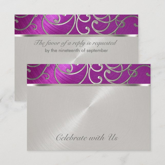 Tarjeta de RSVP Elegante Frambuesa Rosa Plateado F (Anverso / Reverso)