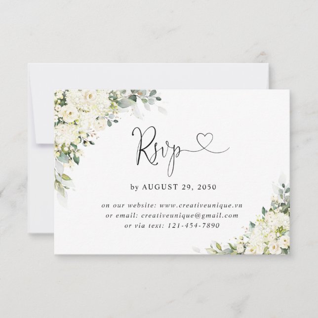 Tarjeta de RSVP en línea de boda con flores blanca (Anverso)