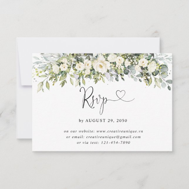 Tarjeta de RSVP en línea para boda con flores blan (Anverso)