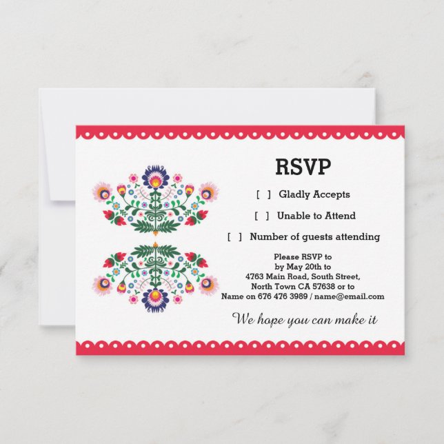 Tarjeta de RSVP Fiesta Mexicana de Boda Roja (Anverso)
