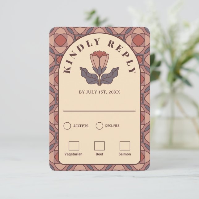 Tarjeta de RSVP floral Art Deco con código QR de e (Anverso de pie)