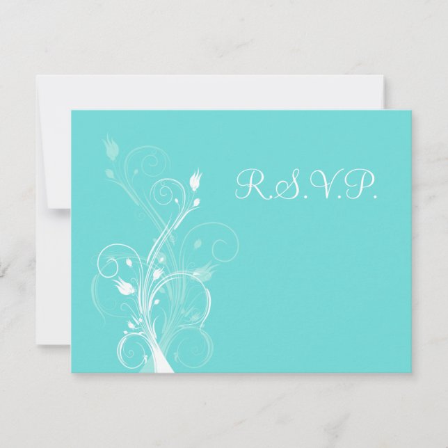 Tarjeta de RSVP Floral Azul Acuático y Blanco (Anverso)