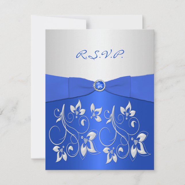 Tarjeta de RSVP floral azul cobalto y plata (Anverso)