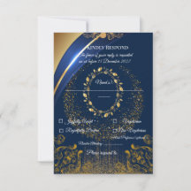 Tarjeta de RSVP floral azul y dorado elegante |