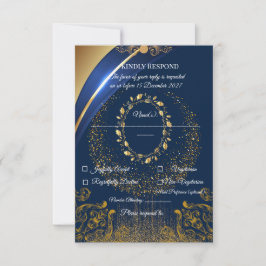 Tarjeta de RSVP floral azul y dorado elegante |