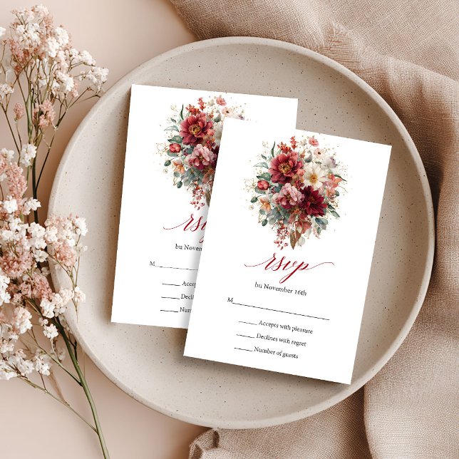 Tarjeta de RSVP floral boho de otoño rojo profundo (Autumn Deep Red Floral Boho Eucalyptus RSVP Card

)