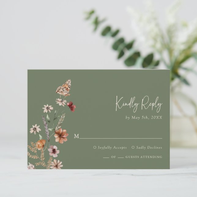 Tarjeta de RSVP Floral Boho Sage (Anverso de pie)