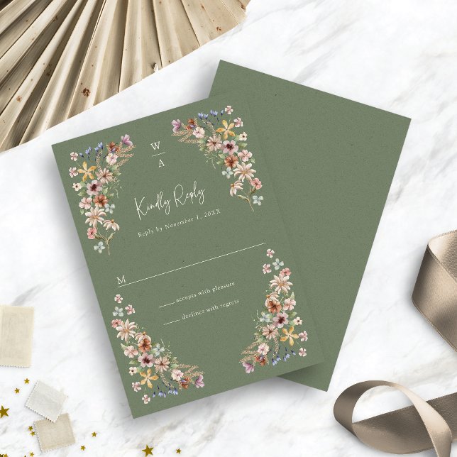 Tarjeta de RSVP Floral Boho Sage (Watercolor Boho Sage Green Floral RSVP Card by Painted Paperie
)