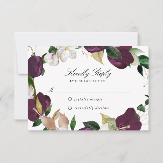 Tarjeta de RSVP Floral Ciruela Oscura (Anverso)