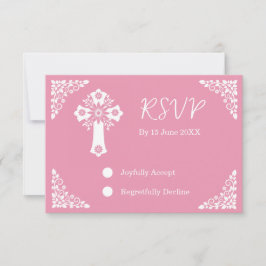 Tarjeta de RSVP Floral Cross Christening Rosa Rosa