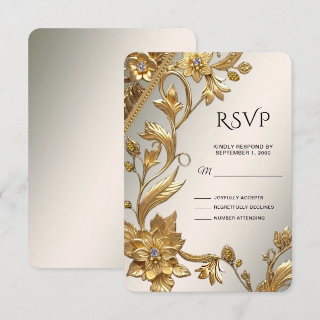 Tarjeta de RSVP Floral de Hojas Onduladas Doradas (Anverso / Reverso)