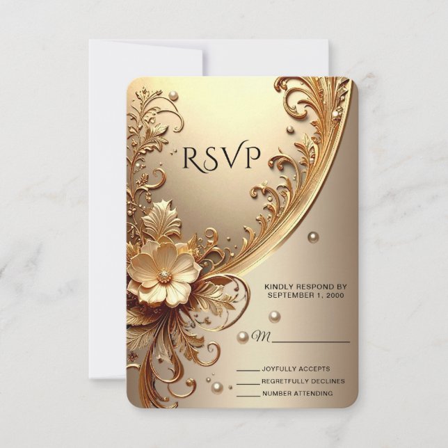 Tarjeta de RSVP Floral Dorada Ornata (Anverso)