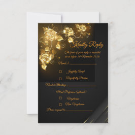 Tarjeta de RSVP floral elegante en negro y dorado 
