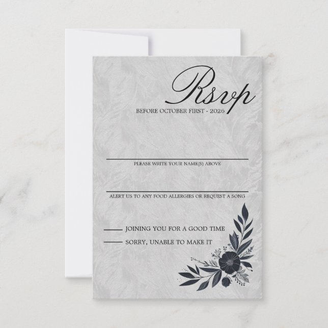Tarjeta de RSVP floral negra y temperamental (Anverso)