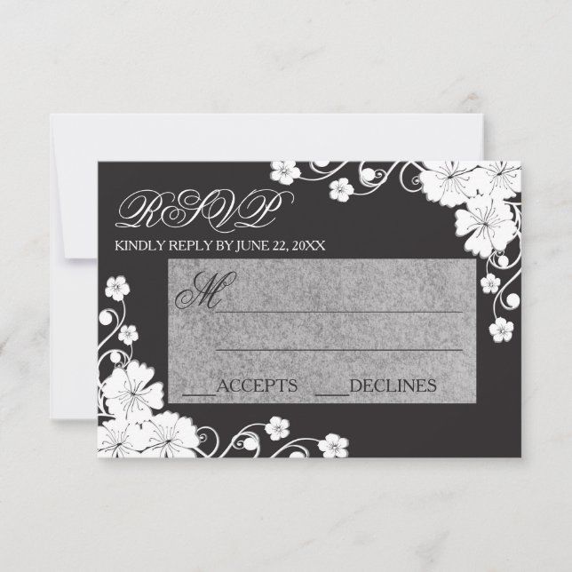 Tarjeta de RSVP - Floral Negro y Blanco (Anverso)