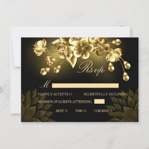 Tarjeta de RSVP gótica negra y dorada con elección